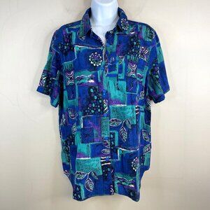 Vintage Artsy CAMP Shirt Top Womens Size 10 Purple Blue Mod Floral Grunge Tunic